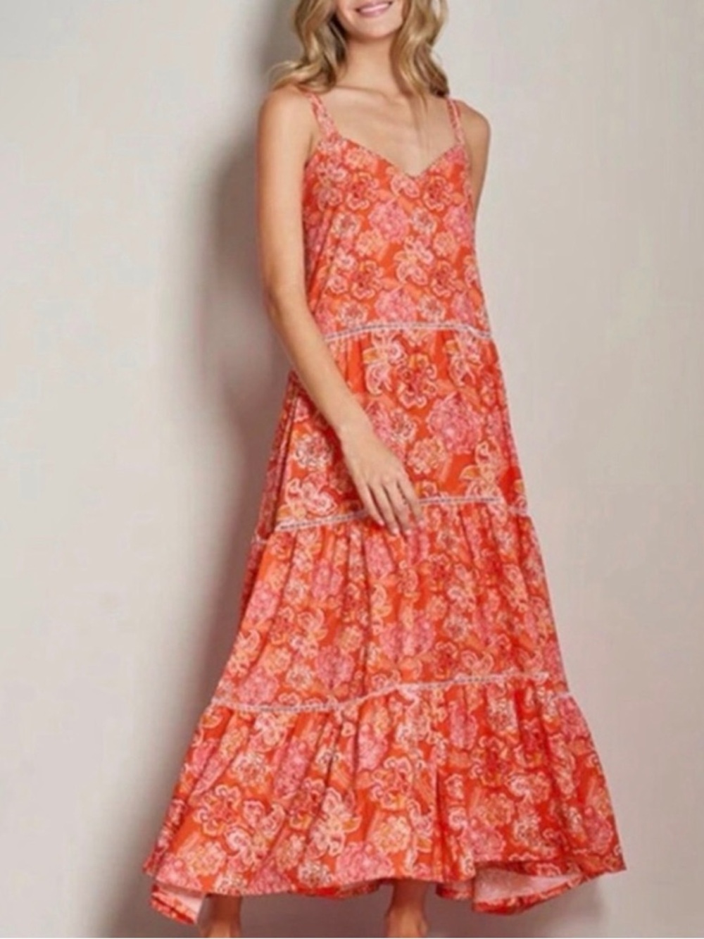 Floral Orange Tiered Maxi Dress with Spaghetti Straps